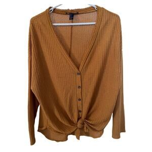 Forever 21 waffle v-neck button up tie blouse top Size Small Casual Y2K